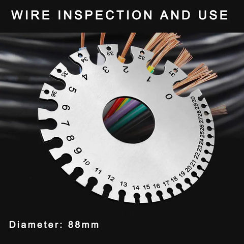 Two Pack Stainless Steel Thickness Gauges, Wire Gauge Measuring Tool Set For Wires, Sheets, And Cables, showing round gauge in use