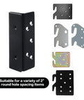 Heavy Duty Bed Frame Hardware Double Hook Slot Bed Post Brackets 4 PCS Black Powder Coated Iron close-up image showing different mounting brackets.