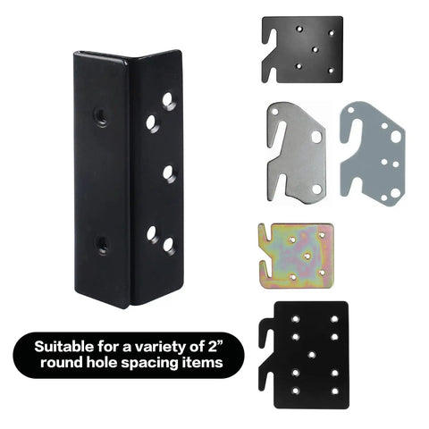 Heavy Duty Bed Frame Hardware Double Hook Slot Bed Post Brackets 4 PCS Black Powder Coated Iron close-up image showing different mounting brackets.