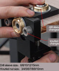 Close-up of 3 In 1 Doweling Jig Drill Kit With Adjustable Guide for woodworking pocket holes, showing drill and knurled nut sizes.