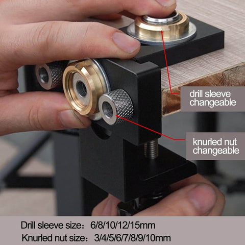 Close-up of 3 In 1 Doweling Jig Drill Kit With Adjustable Guide for woodworking pocket holes, showing drill and knurled nut sizes.