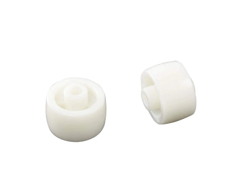 Close-up of entry exit rollers for Beefed Up Heavy Duty Pallet Jack Wheels Set With Axles And Entry Exit Rollers Four Poly Tread Red Wheels 2.75 Inch By 3.75 Inch ID 20mm Bearings Non Marring Industrial Replacement For Trucks.