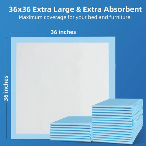 Real Deal Leak Proof Cover 100 Pack Jumbo Bed Underpads 36X36 Inch Hella Thick Heavy Duty Absorbent Waterproof Sheets for adult incontinence and puppy pee training cleanup jobs, showing pads stacked and dimensions.