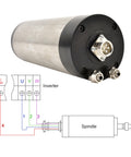 Top Shelf 1.5 Kw Water Cooled CNC Spindle Motor With ER16 Mount compact design showing motor front and wiring diagram.