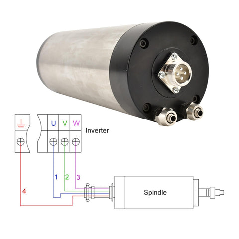 Top Shelf 1.5 Kw Water Cooled CNC Spindle Motor With ER16 Mount compact design showing motor front and wiring diagram.