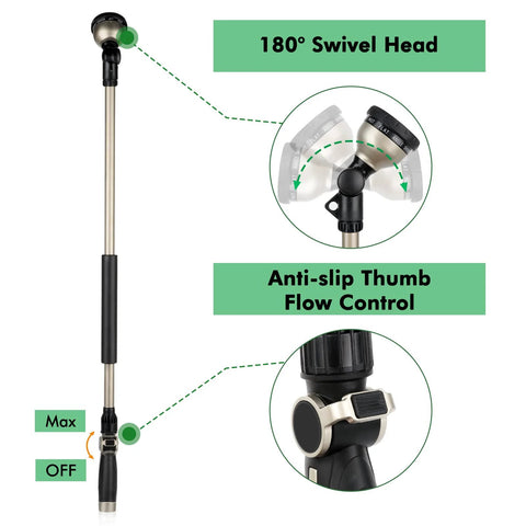 Restmo 36-inch metal watering wand with 180° swivel head and anti-slip thumb flow control, side view