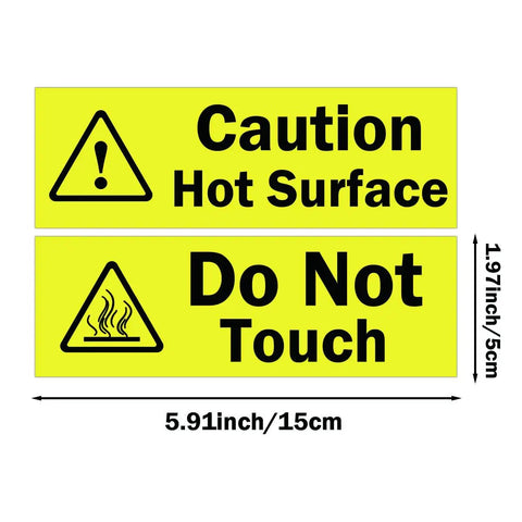 Large Hot Surface Warning Stickers Pack Ten Self Adhesive Vinyl Signs Keep Hands Off For Machinery Engines Exhaust Pipes And Kitchen Equipment Easy Peel Safety Labels To Warn People About Temperature Danger with dimensions of 5.91 x 1.97 inches