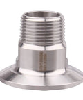 Close-up of stainless steel 1.5-inch sanitary tri-clamp to 3/4-inch male tri-clover adapter with threaded end.