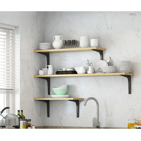 Built Different Steel Shelf Bracket To Handle Serious Weight This Heavy Duty Right Angle Mount supports wooden kitchen shelves with dishes.