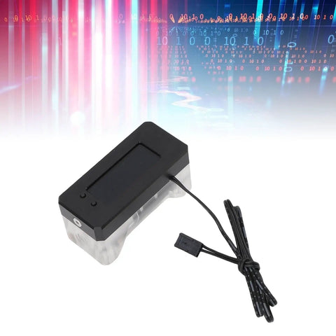 Inline PC Water Cooling Flow Meter with OLED Display, black casing, and cable against a digital background, monitors flow rate and temperature.