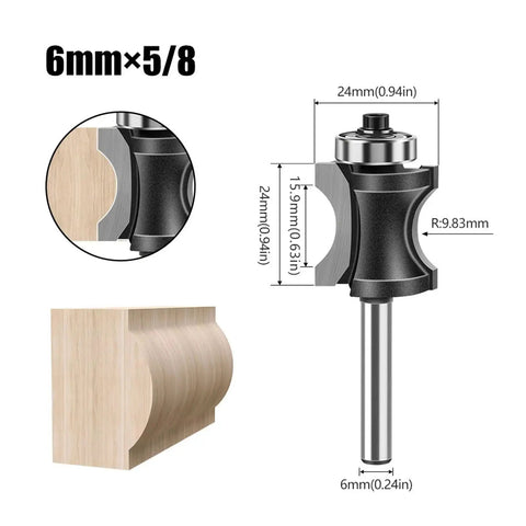 Solid Half Round Router Bit For Woodworking With 6mm 12mm Or 1/4 Inch Shank For Creating Sweet Convex Profile Edges And Perfect Curved Decorative Trim On Your Next DIY Project, shown with measurements.