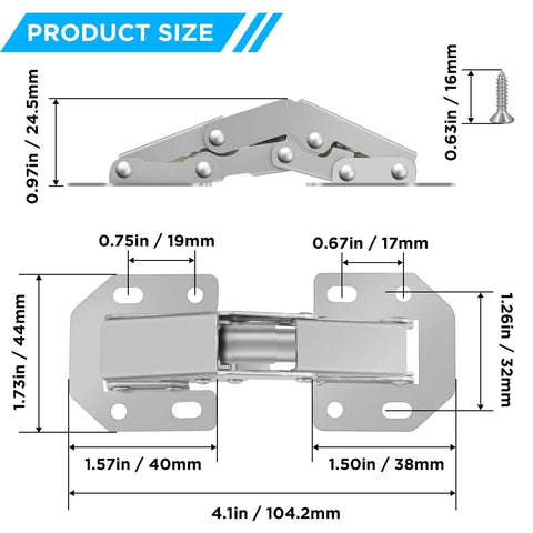 Diagram showing dimensions of 4 Inch Surface Mount Hidden Hinges For Cabinets And Bookshelves, 90 Degree Concealed Hinges, Frameless Cabinet Hardware