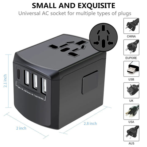 Worldwide Travel Power Adapter With 4 Retractable Plugs, 3 USB Ports And USB C, All in One Global Converter dimensions shown