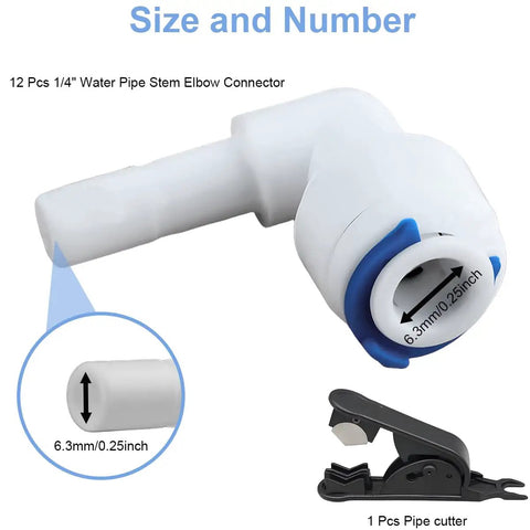 12 Pack 1/4 Inch Water Tubing 90 Degree Elbow Connectors Push Fit Quick Connectors For Reverse Osmosis showing a connector with size details.