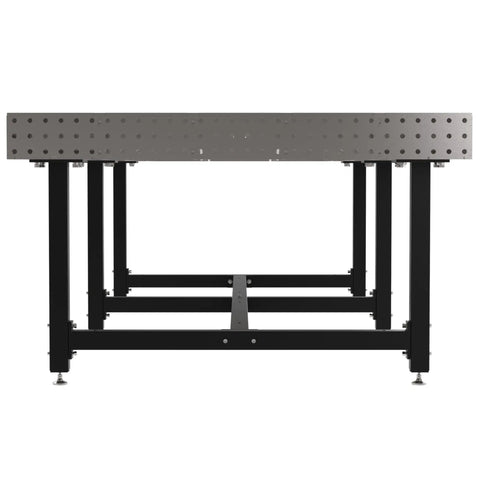 Badass Heavy Duty Welding Fixture Table With Laser Etched Two Inch Grid And Sixteen Millimeter Clamp Holes Precision Leveling Feet Ten By Five Foot Steel Workbench Made In Usa shown from front view with stable legs.