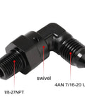 4AN Male Flare To 1 Eighth NPT Pipe Swivel Fitting Adapter Connector Aluminum Black High Flow Performance Pro Grade Anodized Aluminum Body Full Swivel Head For Easy Angle Adjustment 90 Degree For Liquid Or Gas Applications, black 4AN to 1/8-27 NPT swivel fitting