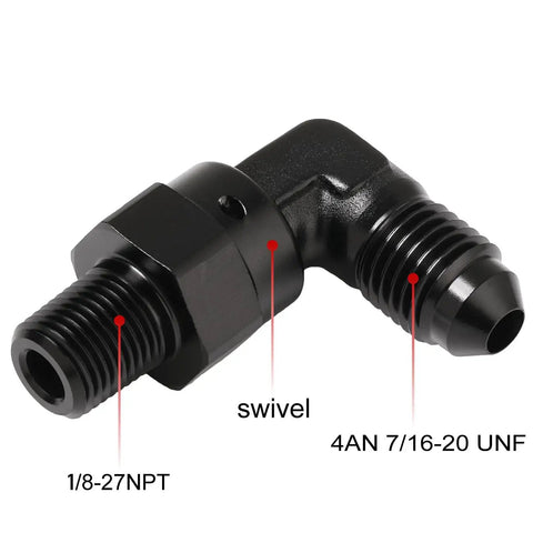 4AN Male Flare To 1 Eighth NPT Pipe Swivel Fitting Adapter Connector Aluminum Black High Flow Performance Pro Grade Anodized Aluminum Body Full Swivel Head For Easy Angle Adjustment 90 Degree For Liquid Or Gas Applications, black 4AN to 1/8-27 NPT swivel fitting