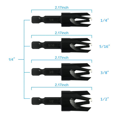 8 Piece Wood Plug Cutter Set With Four Straight And Four Tapered Cutters, One Quarter Hex Shank, Four Sizes shown with measurements.