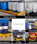 Detachable Oil Spill Containment Pallet For Two Drums Low Profile Stackable Grating Tray Heavy Duty Polyethylene Spill Platform For Garage And Factory Use Yellow showing waste storage, stacking goods, and forklifts.