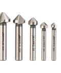Six HSS countersink drill bits for metal/wood, 90-degree chamfer, 1/4in–1/2in, front view