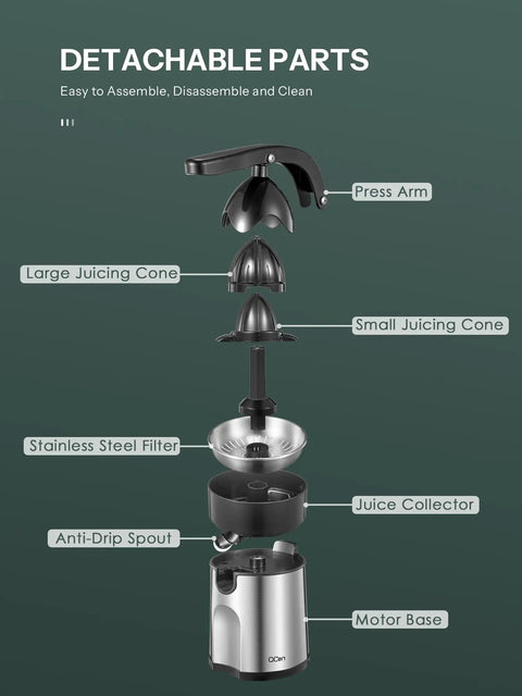Electric Citrus Juicer With Brushed Stainless Steel Finish components showing detachable parts for easy cleaning.