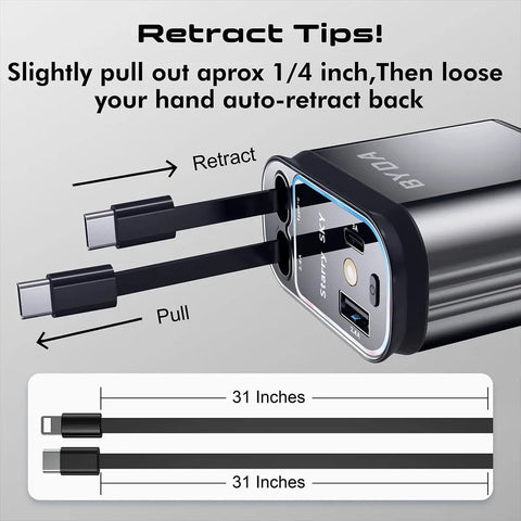 Four In One Retractable Car Charger with Starry Light 69W USB C Fast Car Charger showing retractable cable mechanism
