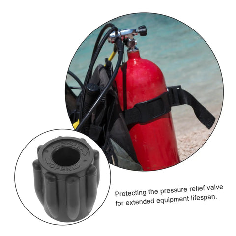 Scuba Tank Valve Attachment For Diving Cylinders shown with red tank and close-up of black valve component