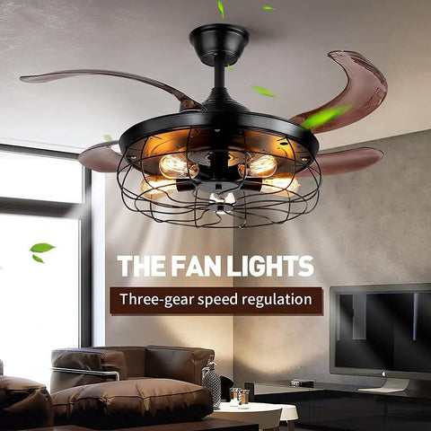 42 Inch Ceiling Fan With Lights Remote Control And Retractable Blades In Vintage Industrial Cage Black Finish shown in living room.