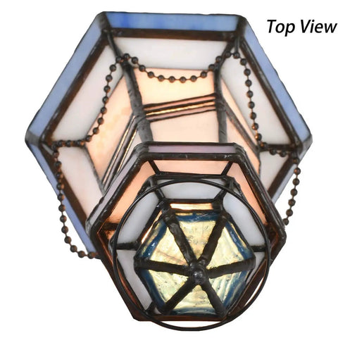 Top view of Blue Lighthouse Tiffany Style Stained Glass Table Lamp 5x5x11 Inch Accent Night Light For Home Decor 2700K LED USB