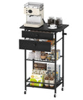 Slick Black Five Tier Coffee Cart Compact Game Changer Bar Station For Tiny Kitchens with espresso machine and storage.