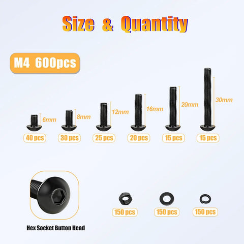 M4 Screw Kit With Nuts And Washers Kadrick 600Pcs Alloy Steel Grade 10.9 shown in various sizes and quantities