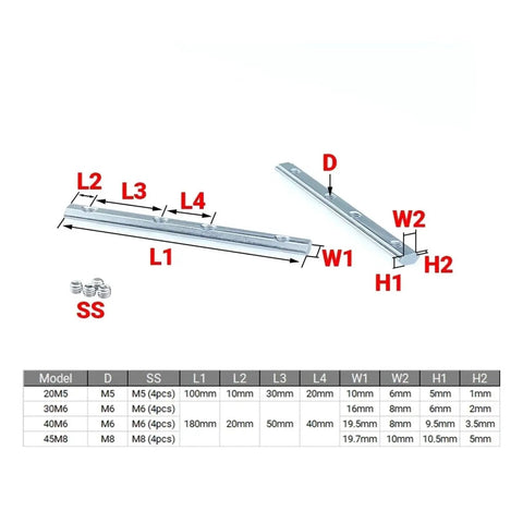 Four Piece V Slot T Slot 180 Degree Inline Connectors For Aluminum Profiles 2020 3030 4040 4545 Inside Joint Fittings dimensions chart