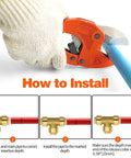 Installation guide for Six Pack 1/2 Inch Push Fit Tee Fittings With Disconnect Clip for Copper PEX CPVC, showing pipe cutting and fitting steps.