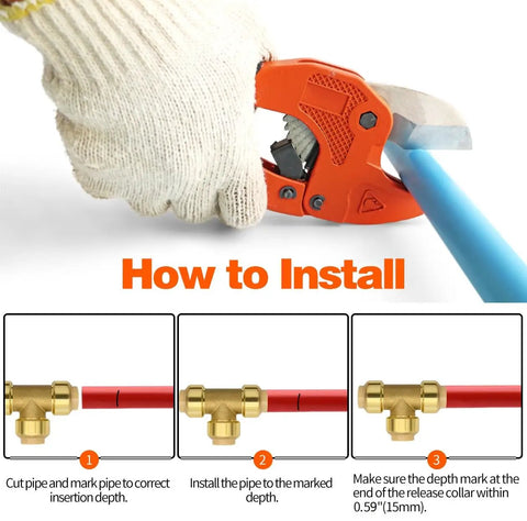 Installation guide for Six Pack 1/2 Inch Push Fit Tee Fittings With Disconnect Clip for Copper PEX CPVC, showing pipe cutting and fitting steps.
