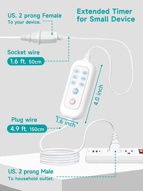 Dead Simple Plug And Play Timer With Extension Cord For Indoor Lights, 24 Hour Auto Cycle Featuring Six Smart Presets and Constant Power Mode showing plug connections and timer controls.