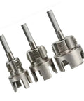 All In One Pipe Threading Kit With Integrated Internal And External Tools, Dual Function Cutting Tool For One Half Inch, Three Quarter Inch And One Inch PVC Pipes, DIY Friendly Electric Drill Compatible, Three Piece Set shown in silver metal