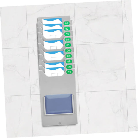 Hella Easy Wall Mounted Material Card Rack For Warehouse Inventory Display And Employee Attendance Tracking With Super Dope Multi Grid Card Slot Shelf For Slick Storage Setup, showing ten slots for tracking cards.