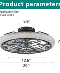 Arranmorelighting Caged Ceiling Fan with Lights Remote Control (#3) dimensions displayed, featuring a rustic metal design with ornate detailing.