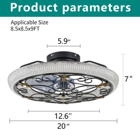 Arranmorelighting Caged Ceiling Fan with Lights Remote Control (#3) dimensions displayed, featuring a rustic metal design with ornate detailing.