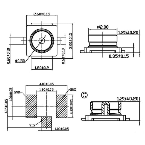 Technical diagram of Coaxial RF Connector Set For UFL Solder PCB Mount 50 Pack Socket Kit dimensions for WiFi antennas