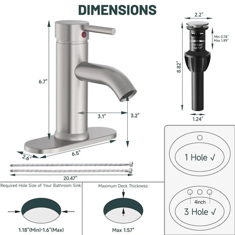 Dimensions of Brushed Nickel Single Hole Bathroom Faucet With One Handle, Boss Grade Modern Commercial Lavatory Vanity Sink Faucet