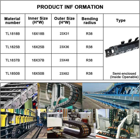 1 Meter Black Plastic Cable Drag Chain With R38 Bend Radius And 18x50mm Inner Size, Semi Enclosed One Side Open Wire Carrier For CNC Machines