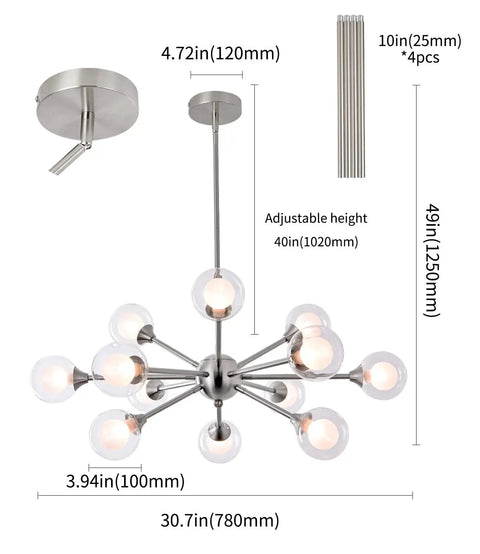 Dimensions of 12 Lights Sputnik Chandelier Brushed Nickel with Glass Ball Orbs Modern Ceiling Pendant Lighting shown