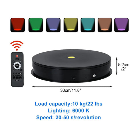 Stunning Motorized Rotating Display Stand With Vibrant LED Lights, 360 Spin Base For Jewelry And Watches, Smooth Electric Turntable, remote included, 30cm/11.8in diameter.