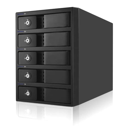 Top Shelf Five Bay Raid Hard Drive Enclosure Equipped With Dead Fast USB 3.0 Firewire 800 And Esata Ports Delivering Hella Reliable Throughput For Massive File Stacks In Sleek Black Frame, five bay design.