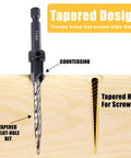 Close-up of the Top Notch Wood Countersink Drill Bit Set With Five Sizes Four Six Eight Ten Twelve For Woodworking Quick Change One Quarter Inch Hex Shank And Allen Wrench From Newdeli Handles Countersinks Like A Pro showing tapered design and pilot-hole bit