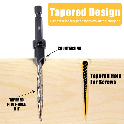 Close-up of the Top Notch Wood Countersink Drill Bit Set With Five Sizes Four Six Eight Ten Twelve For Woodworking Quick Change One Quarter Inch Hex Shank And Allen Wrench From Newdeli Handles Countersinks Like A Pro showing tapered design and pilot-hole bit