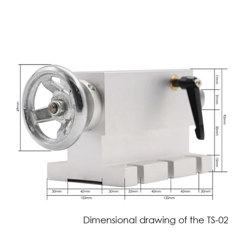 Killer CNC Engraving Tailstock Base System Featuring Three Swappable Heads Model TS-03 side view with handle and dimensions.