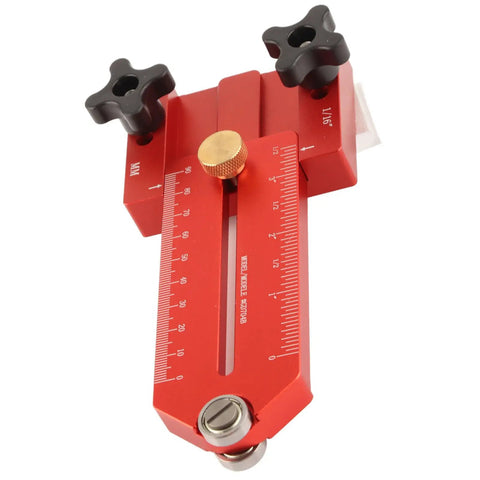 Close-up of Extended Thin Rip Jig for table saws, band saws, and router tables, red anodized aluminum with roller bearing guide.