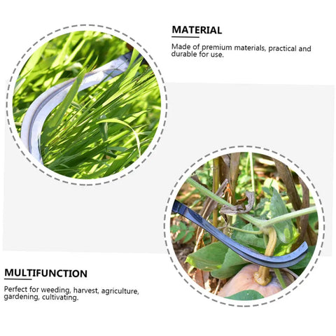 Close-up of Two Piece Durable Mowing Sickle Garden Tool Set For Weeding, Harvesting, And Cultivation With A Comfortable Grip And Ergonomic Design